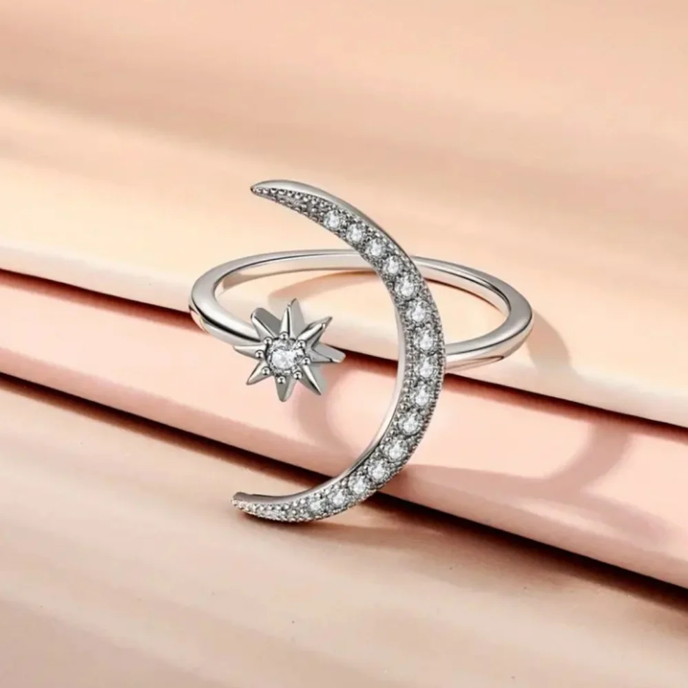Moon Star Silvertone Ring